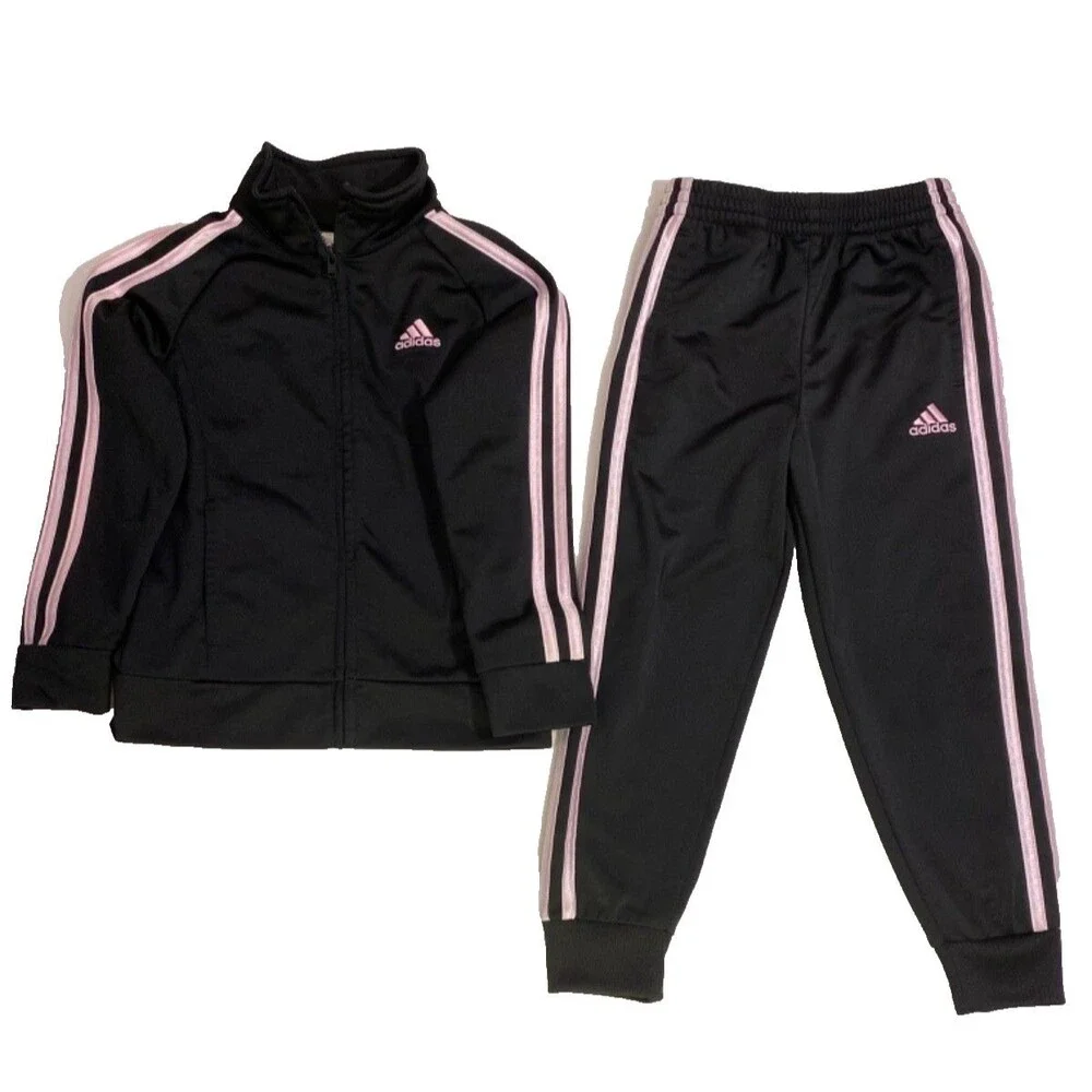 Adidas Tracksuit Jacket & Pants Joggers Outfit Set~Black/Pink~Little Girls sz 5 - Picture 1 of 4